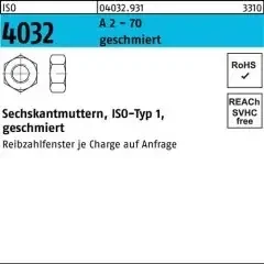 Bufab Sechskantmutter ISO 4032 M10 A 2 – 70 geschmiert 250 Stück