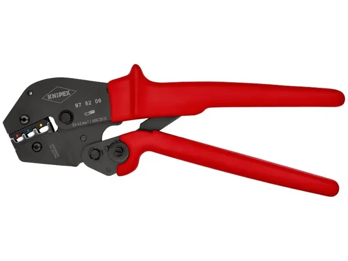 KNIPEX 97 52 06 SB Crimpzange auch für Zweihandbedienung mit rutschhemmenden Kunststoff-Hüllen brüniert 250 mm (SB-Karte/Blister)